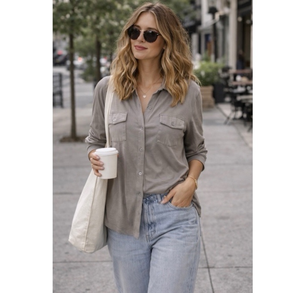 Majestic Filatures | Soft Touch Jersey Shirt | Taupe | Button Down Top